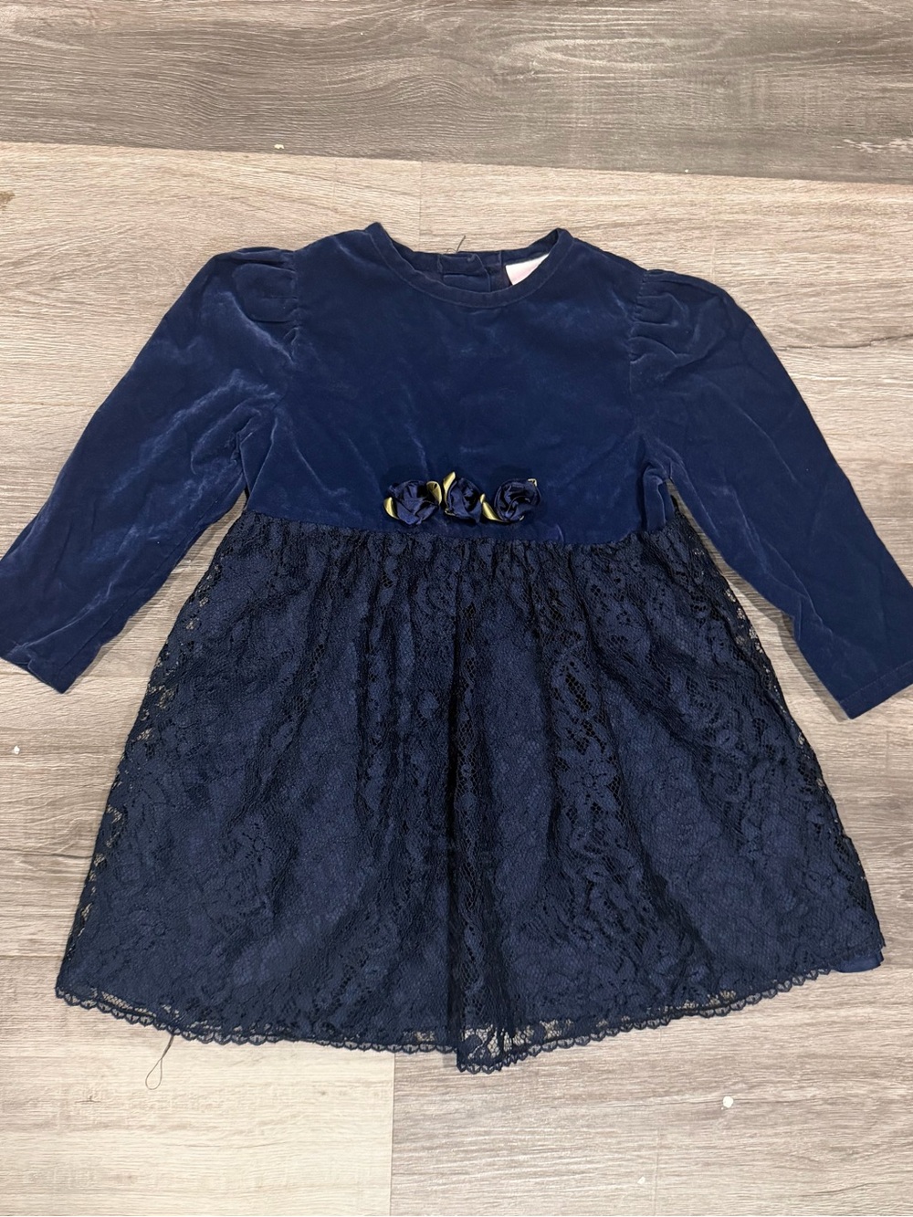 VTG Rose Cottage Girls Navy Velvet Lace Floral Velvet Long Sleeve Dress Size 3T